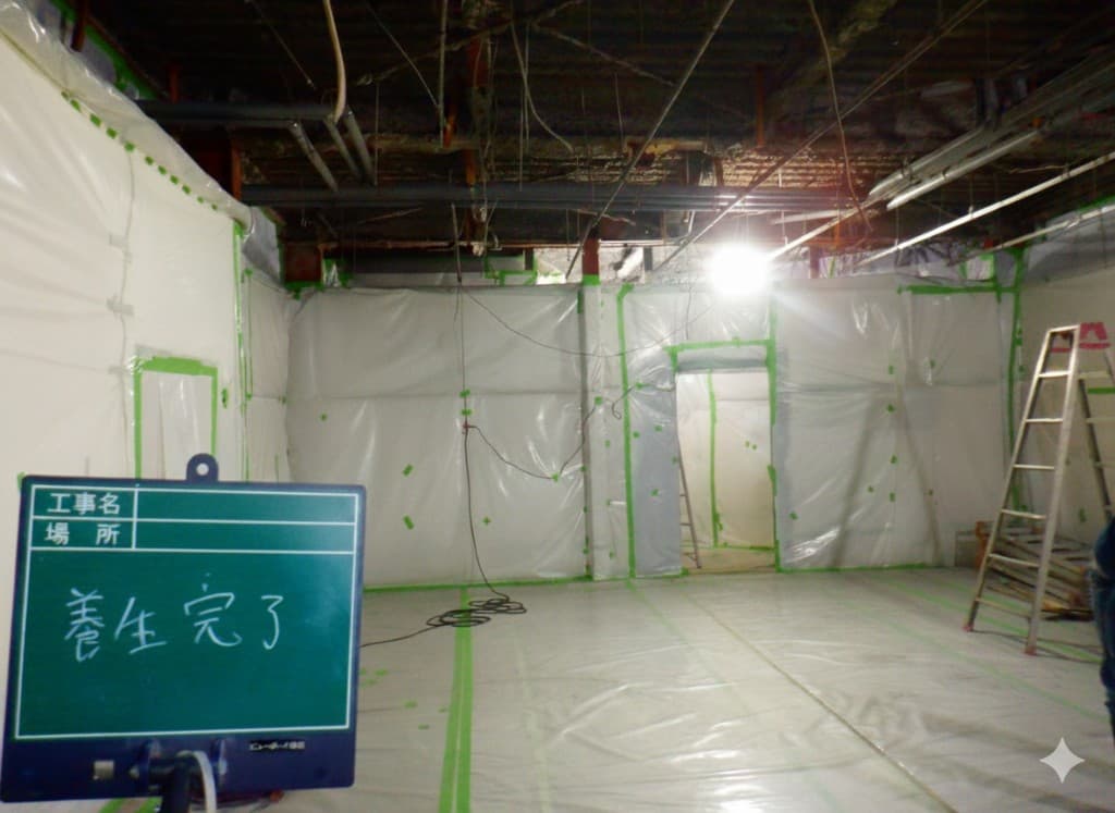 内装解体前の部屋。床と壁を白い養生シートで覆い、黒板に「養生完了」と記されたプロフェッショナルな準備完了の様子