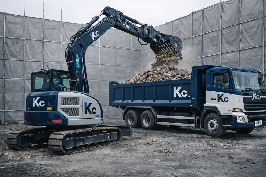 プロフェッショナルな解体現場。ネイビーの重機とダンプトラックによる積み込み作業