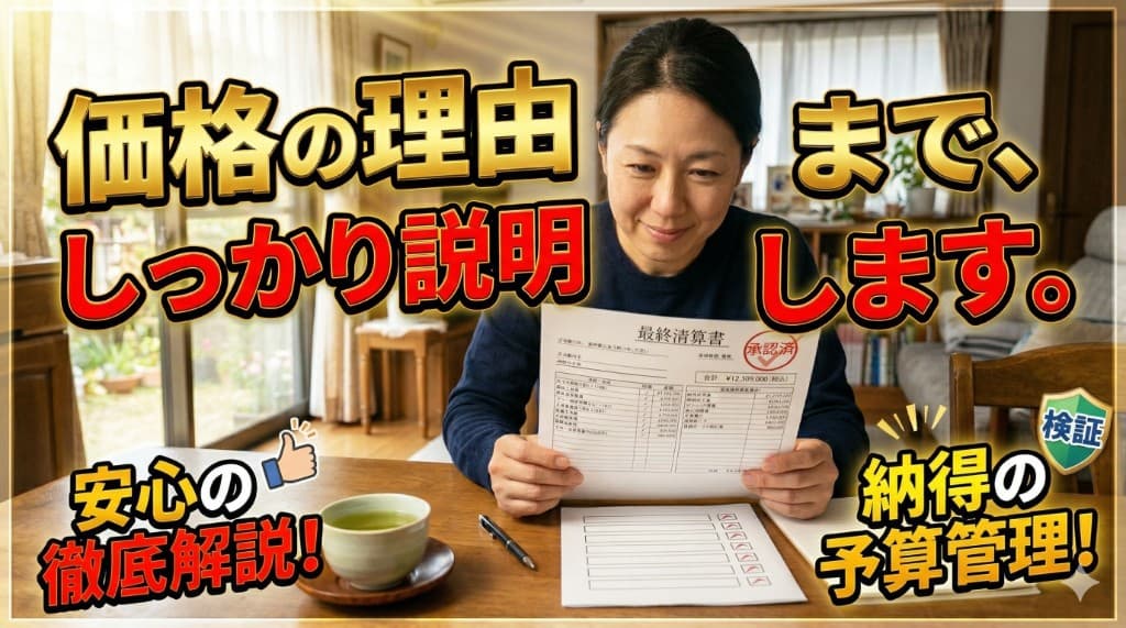 最終清算書を確認し、価格の理由を丁寧に説明する安心のイメージ(アフター・サムネイル風)