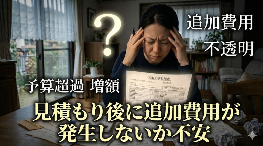 見積もり後の追加費用への不安を表すビフォー(サムネイル風)のイメージ