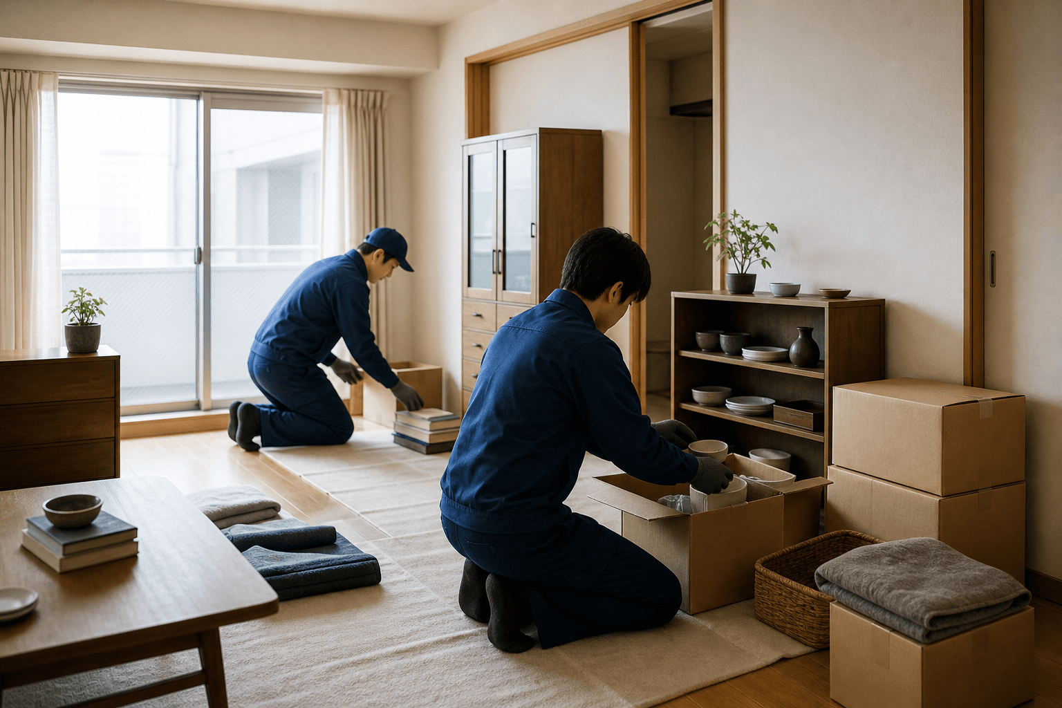 住居内で家財を丁寧に箱へ整理する作業員